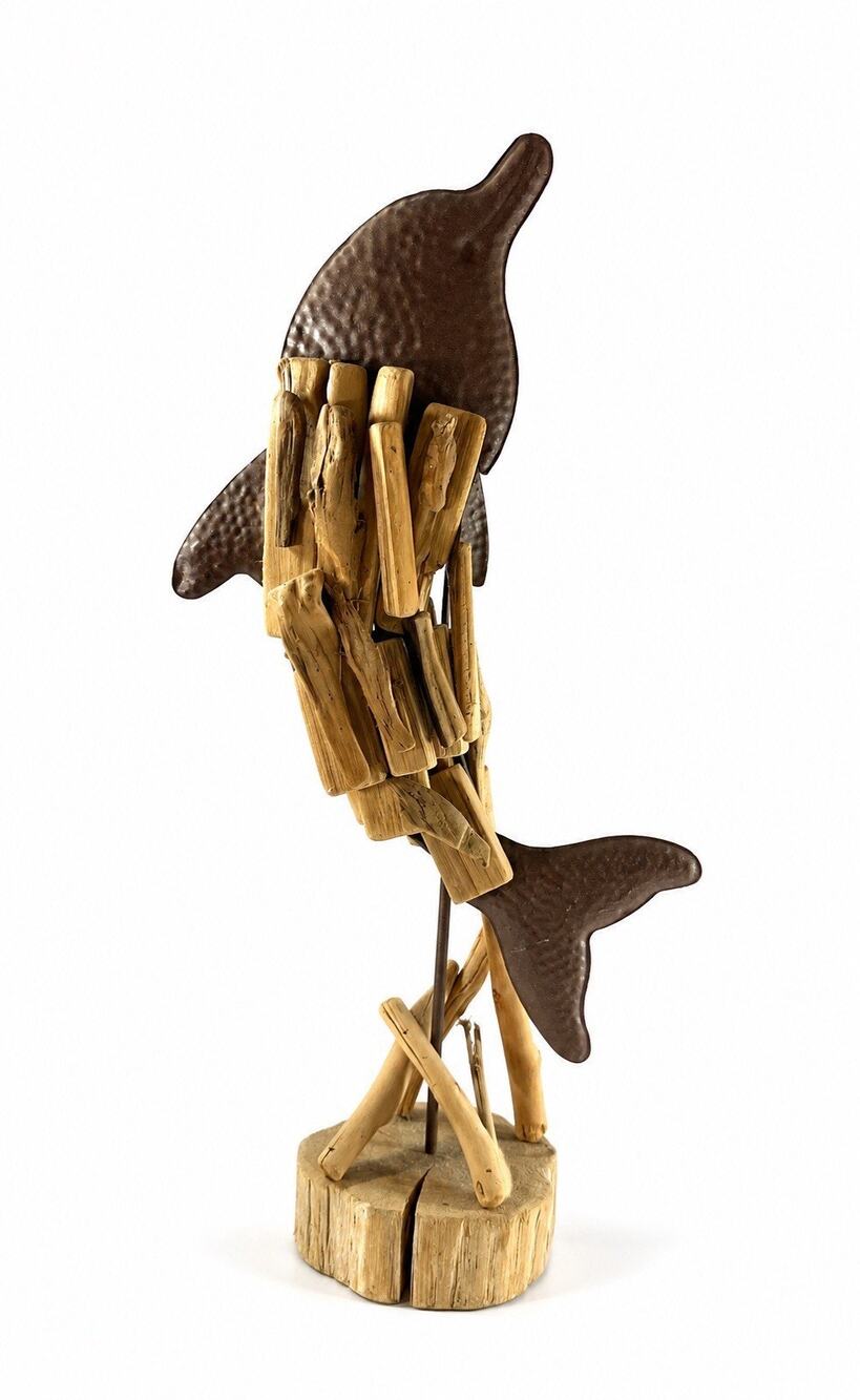 Handcrafted Metal Dolphin Driftwood Sculpture Coastal Beach Nautical Decor 21”